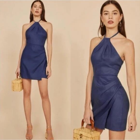 Reformation 100% Linen Halter Neck Wrap Sleeveless Mini Dress Navy Blue Size 12 - Picture 1 of 8